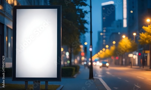 Blank billboard on a city street at night, with blurred lights and buildings in the background