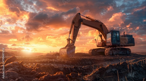Illustrate a captivating scene where an excavator is actively engaged in earthmoving tasks under the mesmerizing canvas of a sunset.