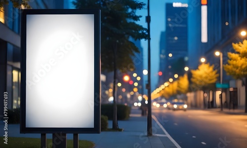 Blank billboard on a city street at night, with blurred lights and buildings in the background