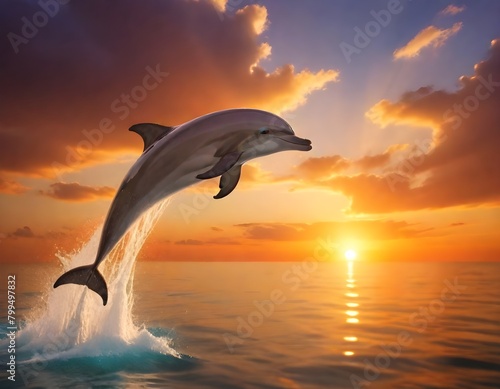 A dolphin jumping out of the water during a vibrant sunset, with the sun's rays reflecting on the ocean surface