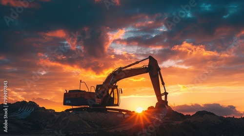 Illustrate a captivating scene where an excavator is actively engaged in earthmoving tasks under the mesmerizing canvas of a sunset.