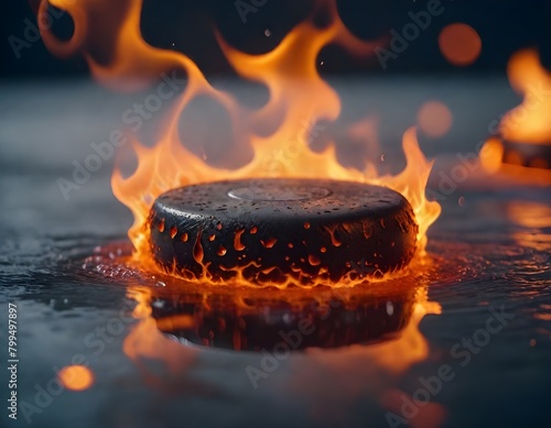 A Hockey puck with intense flames and glowing embers on a dark background with water droplets