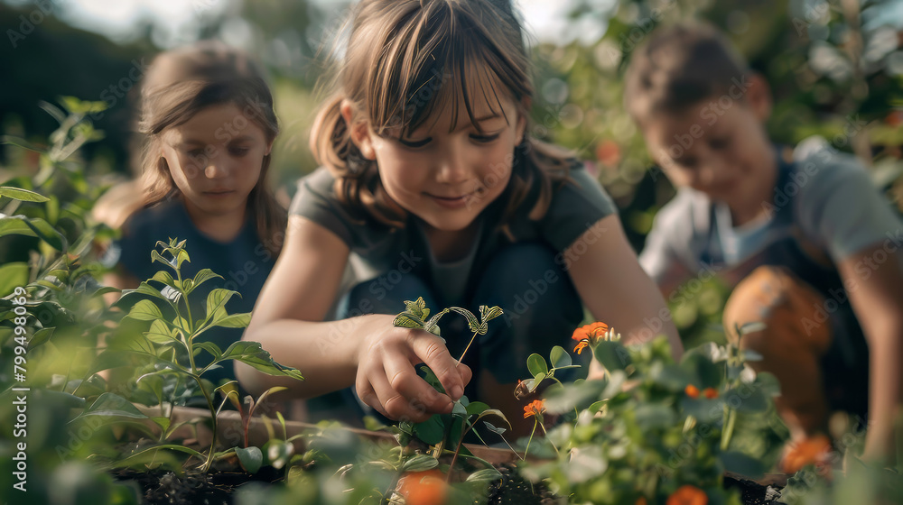 Children in the community garden enthusiastically care for plants and flowers. They plant plants and enjoy their labor while their garden thrives. Children in the community garden enthusiastically care for plants and flowers. They plant plants and enjoy their labor while their garden thrives.