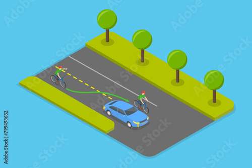 3D Isometric Flat Vector Illustration of Safe Bicycle Riding , Cycling Rules for Traffic Safety