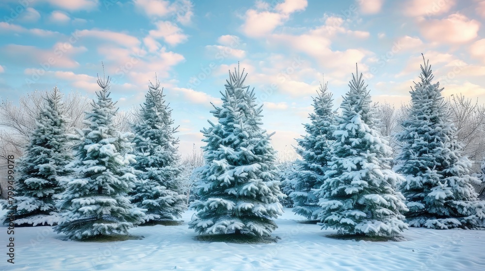 Beautiful christmas trees snow with peaceful sky