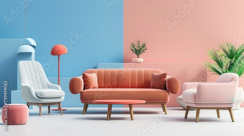 A white armchair sits in front of a split-tone background. The left side is light blue and the right side is pink. There is a potted palm tree next to the chair on the pink side.