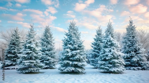 Beautiful christmas trees snow with peaceful sky