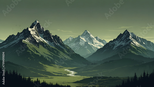 Sublime Dark Mountain Art on Light Green Canvas - Minimalist Landscape Illustration