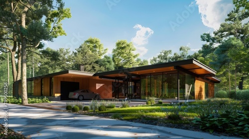 Illustrate an enticing 3D view of a contemporary, isolated home with prominent wooden elements and an attached garage