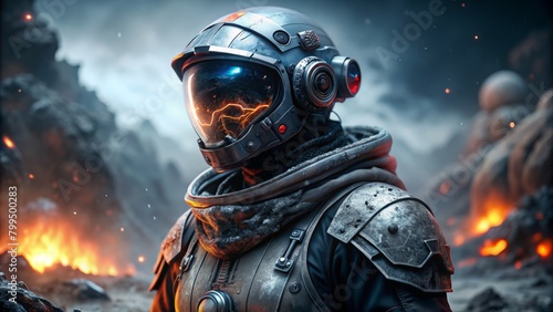 a space suit with a gas mask and a fireball on it