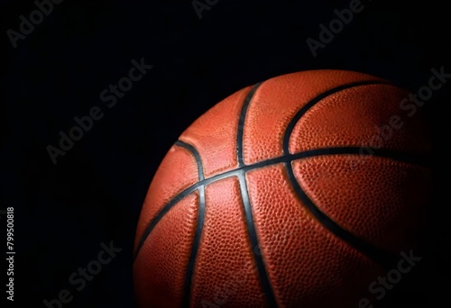 A close-up of a basketball against a dark background