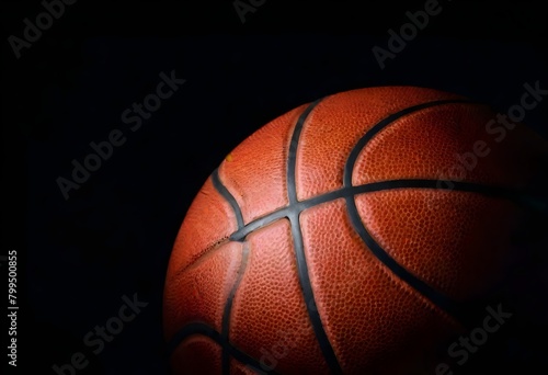A close-up of a basketball against a dark background