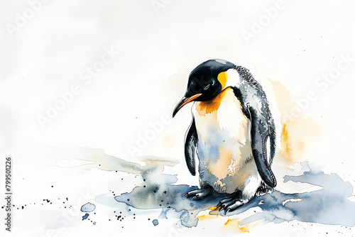 Minimalistic watercolor of a Penguin  Baby Emperor  on a white background  cute and comical 