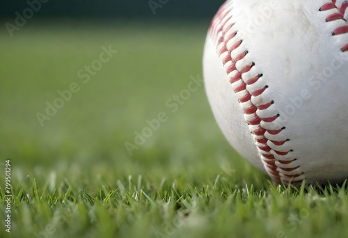 A close-up of a baseball on a grassy field