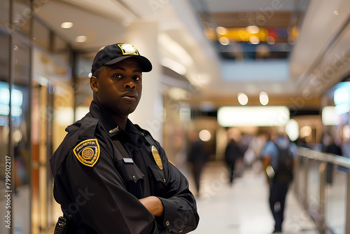 stern security guard in shopping center