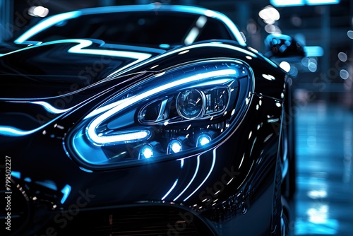 Detail on one of the LED headlights super car on black background, free space on right side for text, Sports car close up