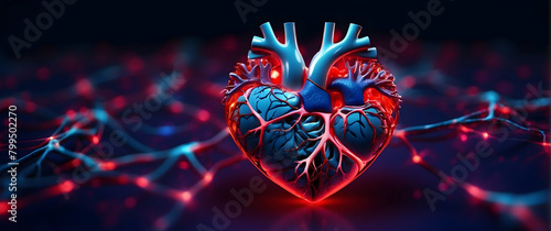 A digitally-rendered human heart with an intricate network of glowing veins signifies life and connectivity #799502270