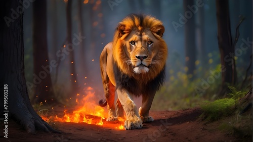 portrait of a lion  A lion in the wild is ambling through a woodland that is on fire. Orange and yellow flames engulf the forest  casting an ominous glow. The lion fur is illuminated by the fiery hues