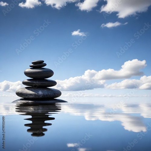 A stack of black smooth stones balanced on top of each other in a calm body of water, with a blue sky and fluffy white clouds reflected in the water