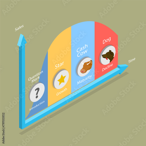 3D Isometric Flat Vector Illustration of Product Life Cycle, BCG Matrix