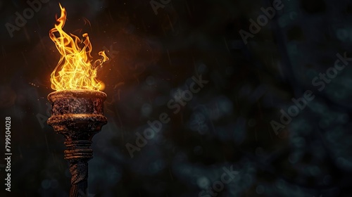 Illustration of a wooden torch fire. 3d medieval fire lamp. Combustion element design © Khalif