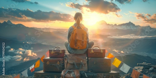 man sitting proudly atop a towering pile of luggage, exuding a sense of adventure and exploration. photo