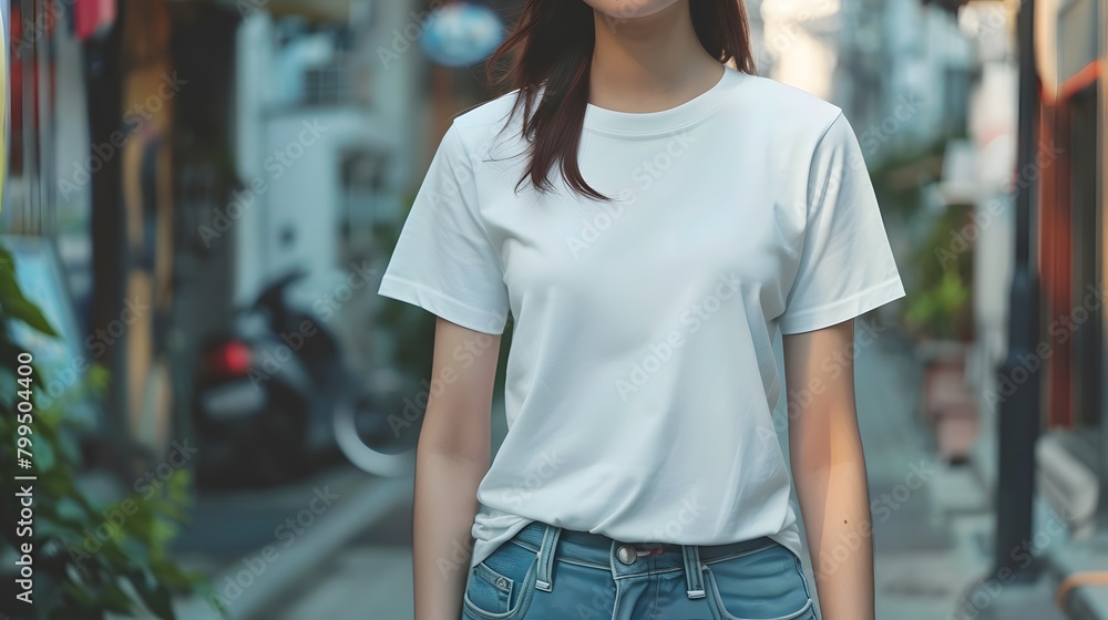 白いT シャツを着た日本人女性