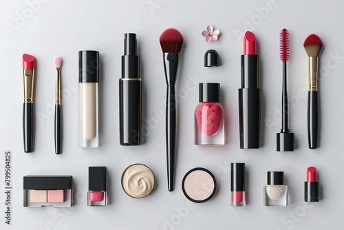 Cosmetics 3d icon set. Perfect look and beauty. powder, cream, makeup tools, lipstick, brush, foundation, mascara, face serum, Isolated icons, objects on a transparent background.