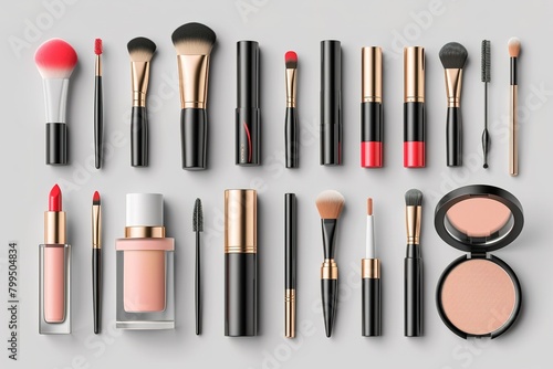 Cosmetics 3d icon set. Perfect look and beauty. powder, cream, makeup tools, lipstick, brush, foundation, mascara, face serum, Isolated icons, objects on a transparent background.