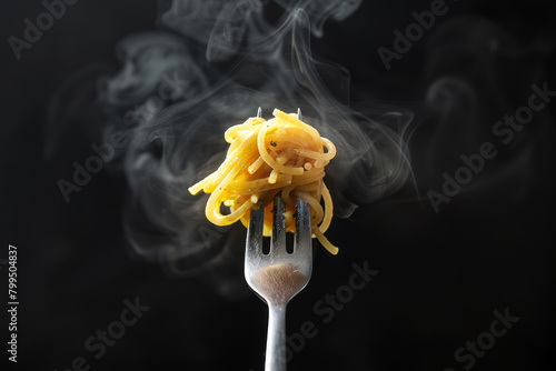 steaming spaghetti forkful against dark background for culinary themes photo