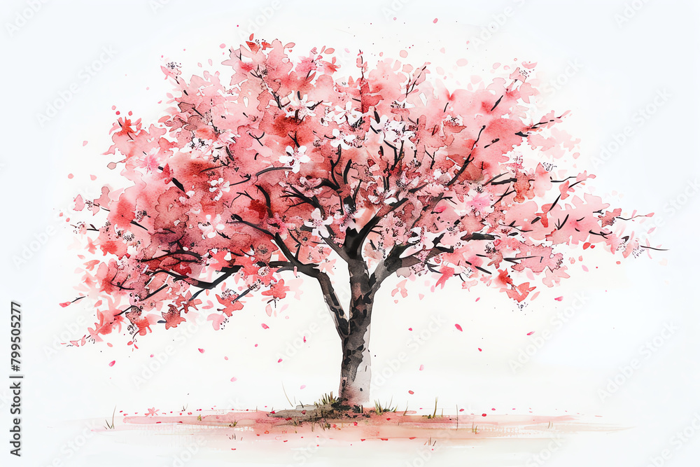 Minimalistic watercolor of a Cherry Blossom Tree on a white background, cute and comical,