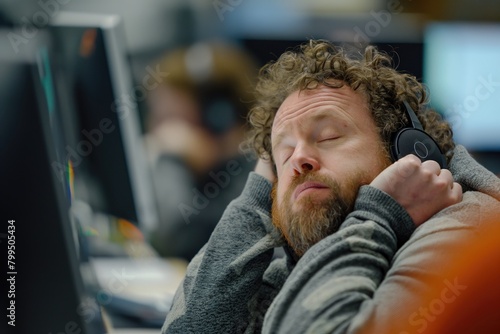 Portrait of tired businessman in headphones sleeping while working on computer at office