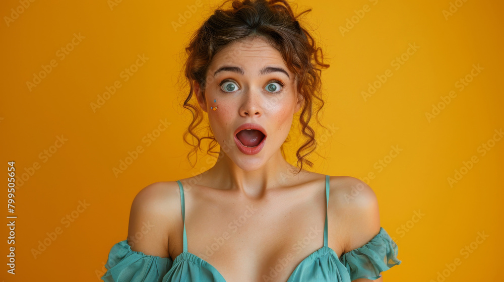 Surprised young woman with wide eyes and open mouth, showcasing a vivid expression against a solid orange background. Surprised young woman with wide eyes and open mouth, showcasing a vivid expression against a solid orange background.