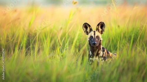 A wild African dog with striking ears and eyes stands alert amidst a sunlit grassy field photo