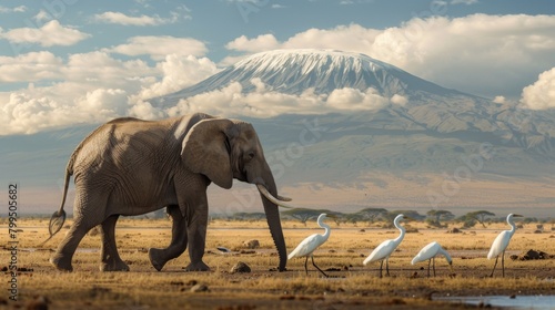 An elephant wanders across a dry African landscape with the iconic snow-capped Mount Kilimanjaro in the backdrop photo