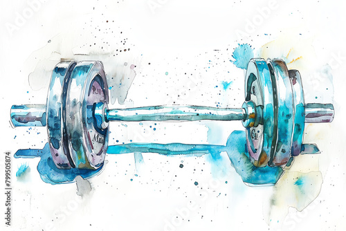 Minimalistic watercolor of a Barbell on a white background, cute and comical,