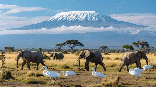 A serene scene with a herd of elephants peacefully grazing with the snow-capped Mount Kilimanjaro rising majestically in the background