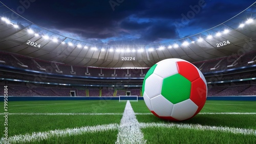 A soccer ball in the colors of the Italian flag on the stadium field, the opening of the games. Conceptual football poster, design, banner. Copy space, Euro 2024 championship