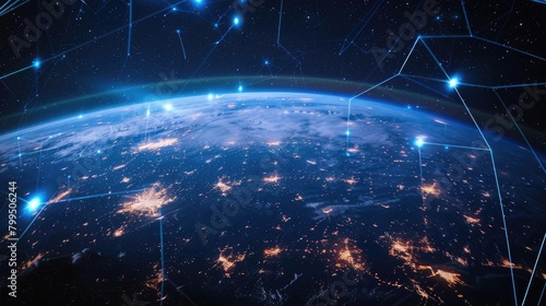 Link of satellites orbiting earth. Star orbiting earth providing internet connection in low orbit