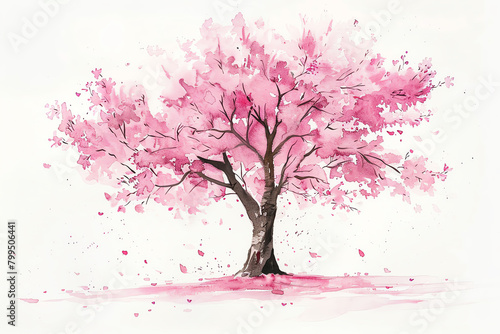 Minimalistic watercolor of a Cherry Blossom Tree on a white background, cute and comical, © Supranee
