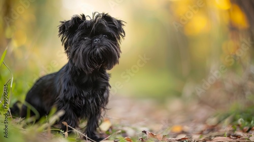 A charming black dog sits on a forest trail surrounded by fall leaves  gazing into the distance thoughtfully