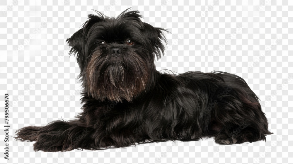 Image of a black dog sitting down, looking curious against a transparent backdrop