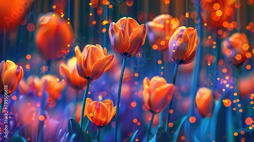 Cyberfloral Matrix' around a surreal digital tulip field, blending digital matrix aesthetics with vibrant floral patterns, in tulip orange and code blue #799506618