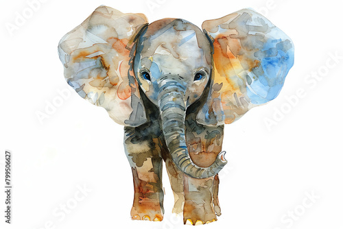 Minimalistic watercolor of a Baby Elephant on a white background, cute and comical,