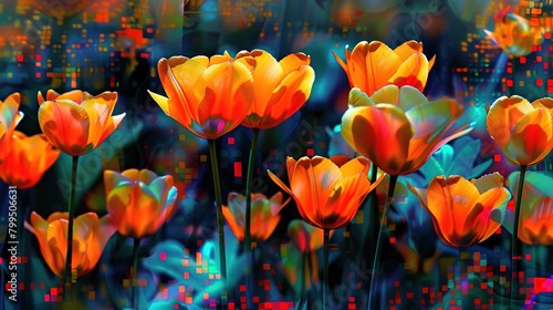 Cyberfloral Matrix' around a surreal digital tulip field, blending digital matrix aesthetics with vibrant floral patterns, in tulip orange and code blue photo