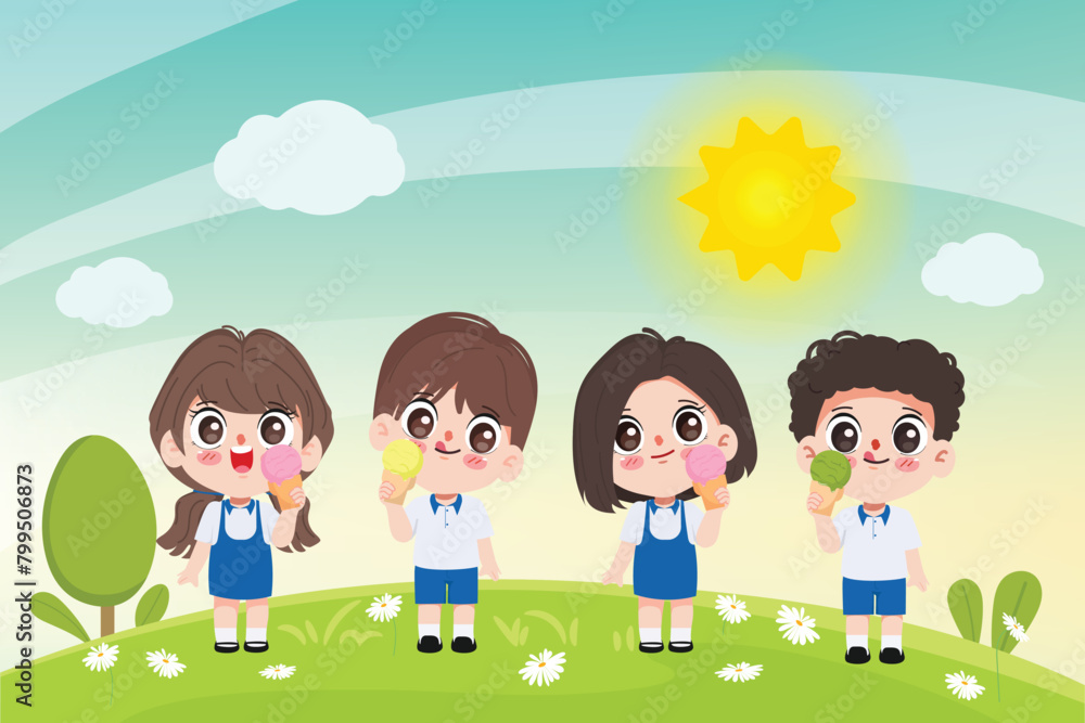 Children group in student uniform enjoy with ice cream Children group in student uniform enjoy with ice cream