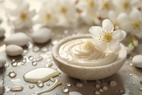 Warm skin care products face cream floats rocks