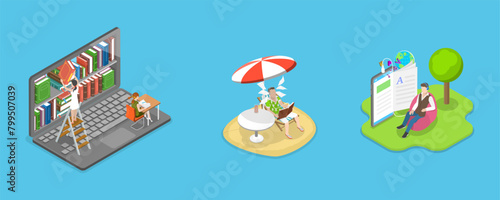 3D Isometric Flat Vector Illustration of Electronic Library, E-learning Online