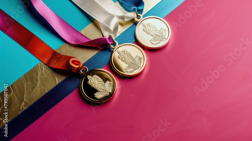 assorted olympic medals with colorful ribbons on striped teal and red background for sporting awards, with a copy space for text