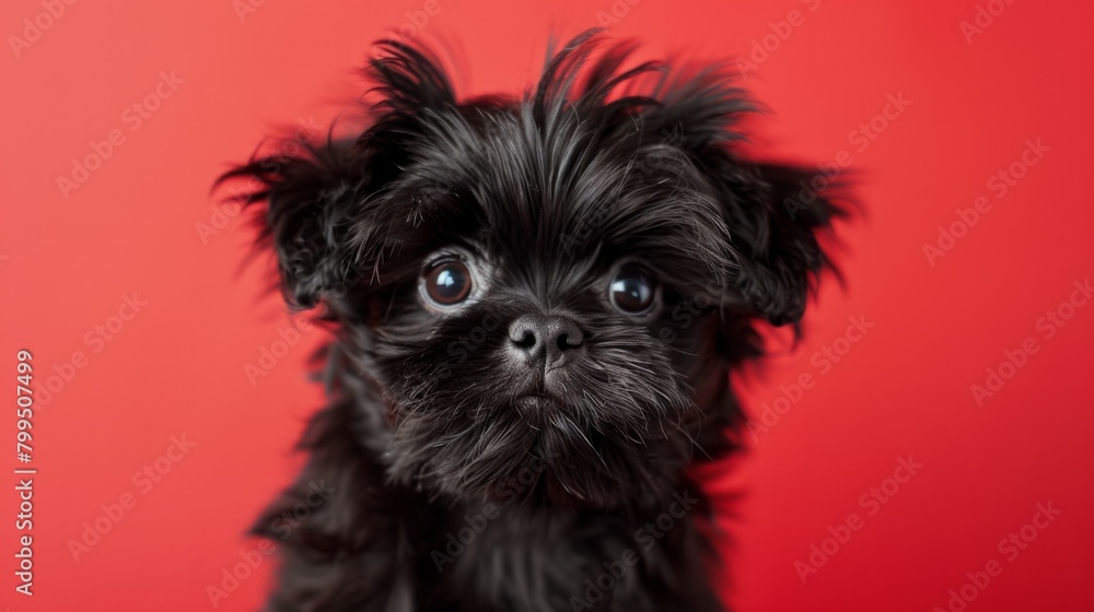 The image captures the cute startled expression of a black puppy against a red background, focusing on its adorableness and surprise The image captures the cute startled expression of a black puppy against a red background, focusing on its adorableness and surprise